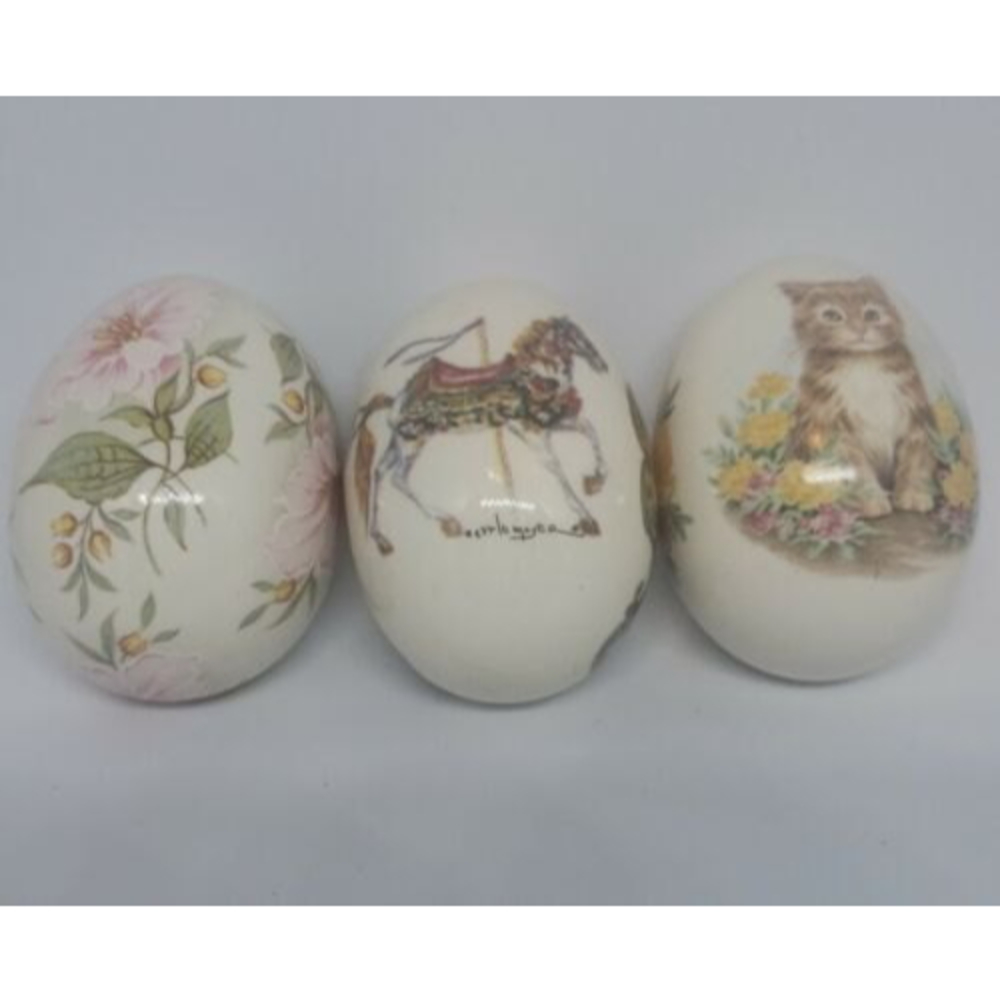 The Egg Lady Painted Eggs in  Westmoreland Dogwood Flower Glass Basket Bowl Lot
